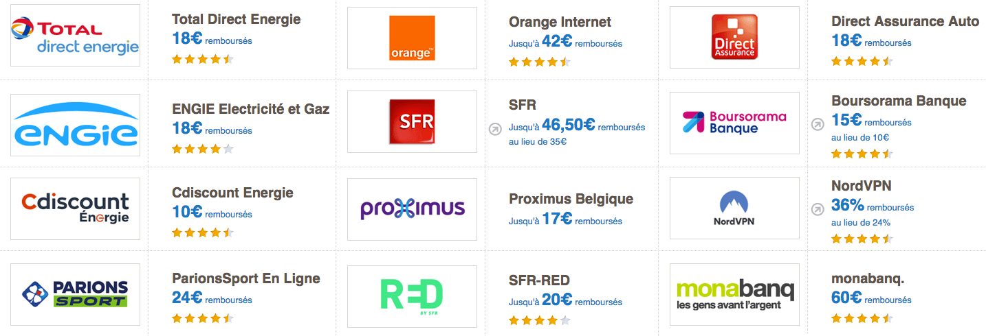 eBuyClub exemples marchands cashback abonnements internet énergie jeux banuqes assurances