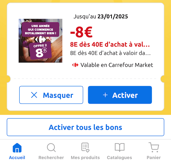 bon réduction carrefour application 8 euros pour 40 euros d'achats cumulable