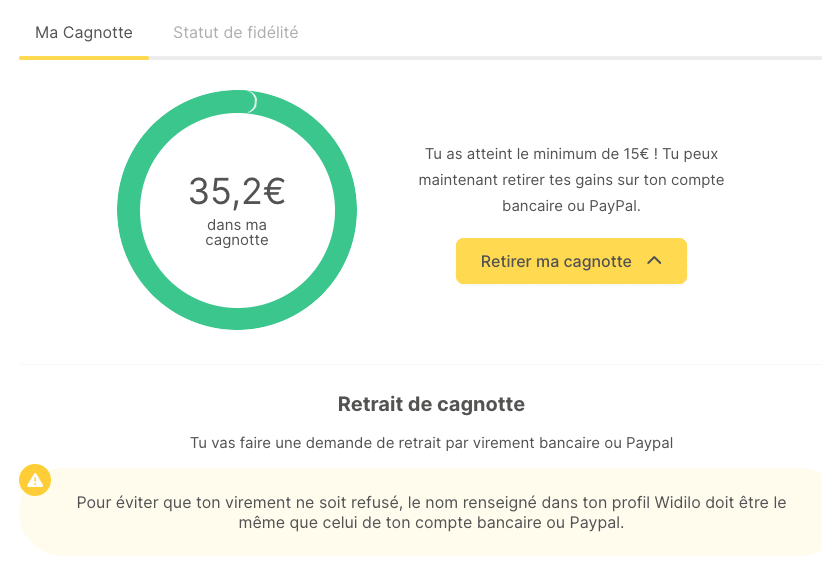 widilo avis demande paiement cagnotte cashback