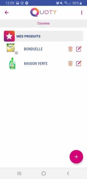 Liste de courses avec des produits sélectionnés sur Quoty
