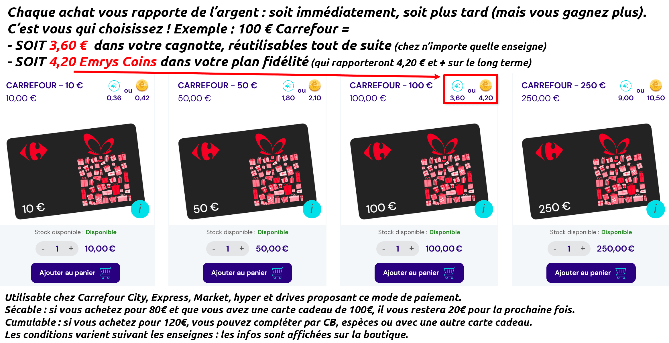 Emrys avis exemple choix emrys coins ou cashback immédiat chez carrefour
