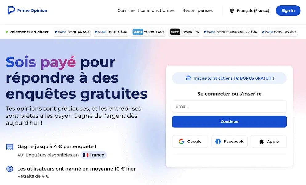 Prime Opinion sondages rémunérés