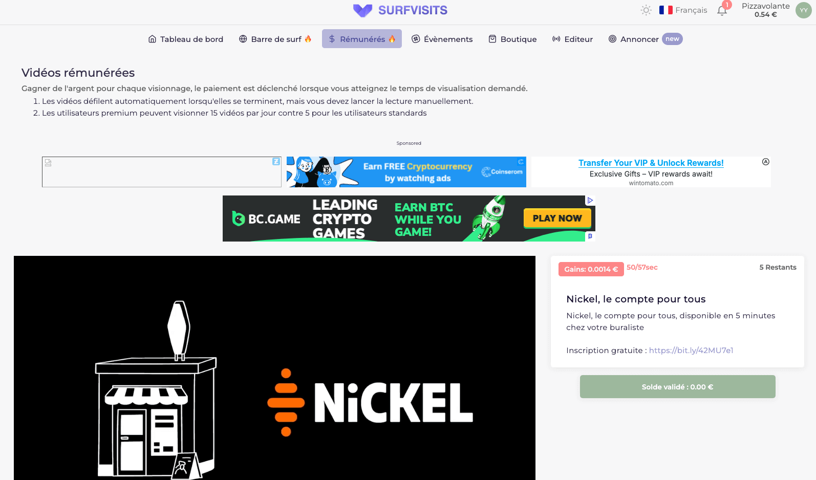 Surfvisits gagner argent en regardant des pubs