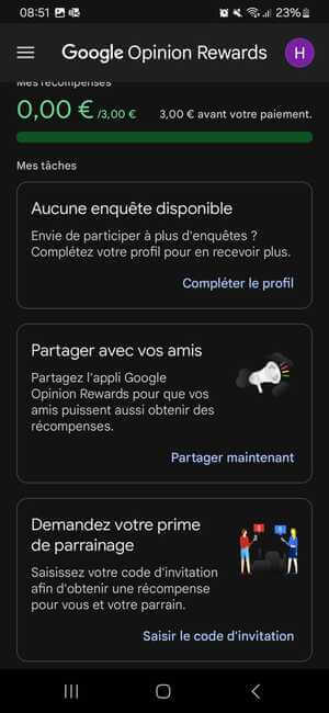 La page d'accueil de l'application Google Opinion Awards