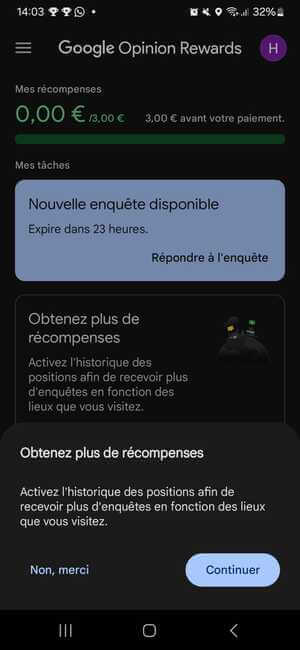 Activer l'historique des positions sur Google Opinion Awards pour avoir plus de sondages