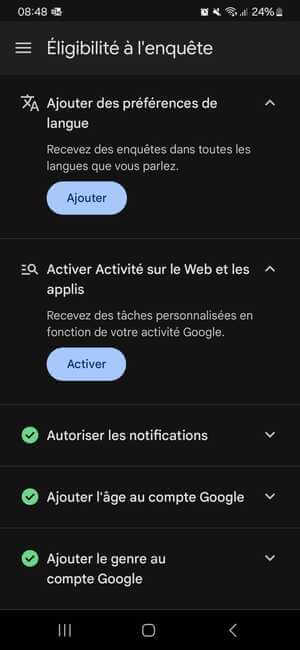 Compléter son profils sur Google Opinion Awards pour avoir plus de sondages