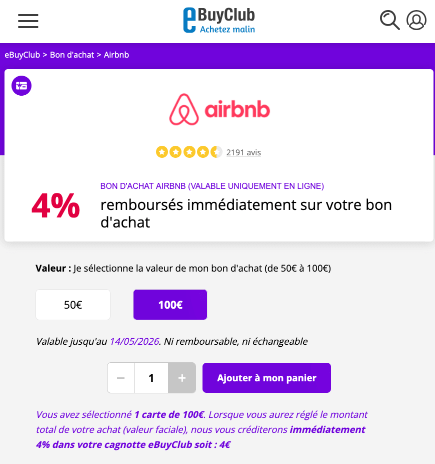 code promo airbnb cashback ebuyclub carte cadeau