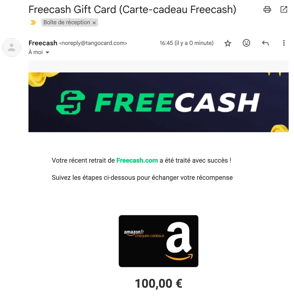 Freecash avis preuve de paiement gain carte cadeau amazon