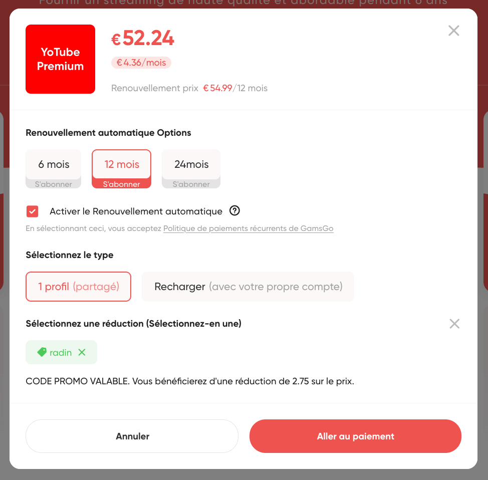youtube premium pas cher 2025 code promo radin