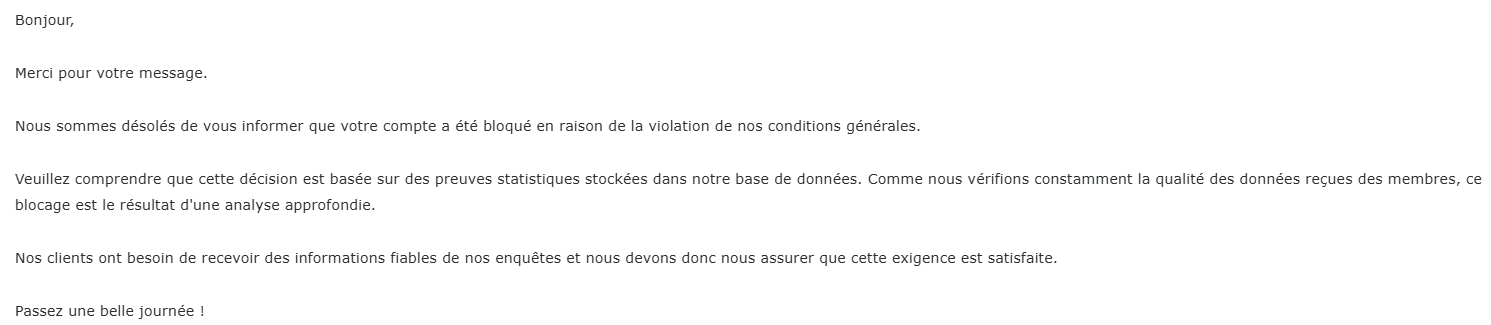 Mail de Toluna expliquant que le compte est bloqué