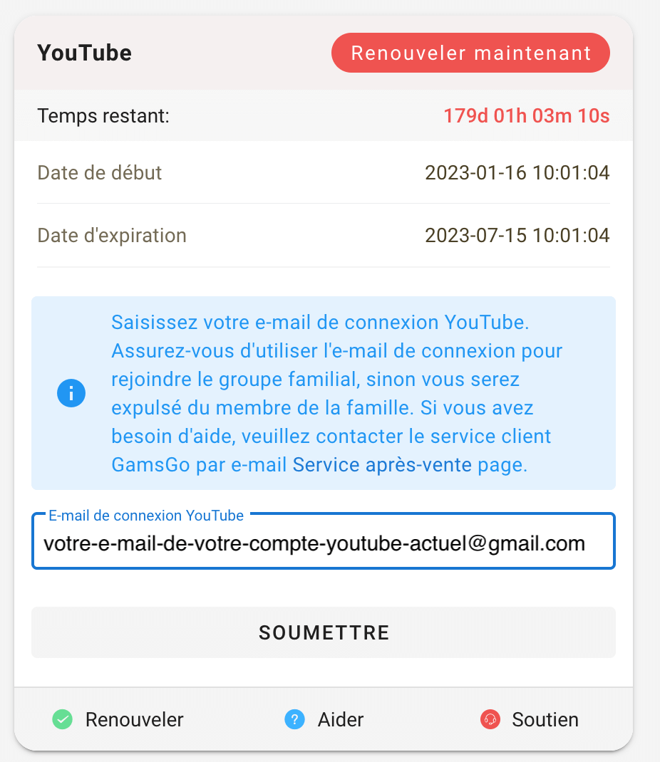 inscription youtube premium etape 1 avec GamsGo