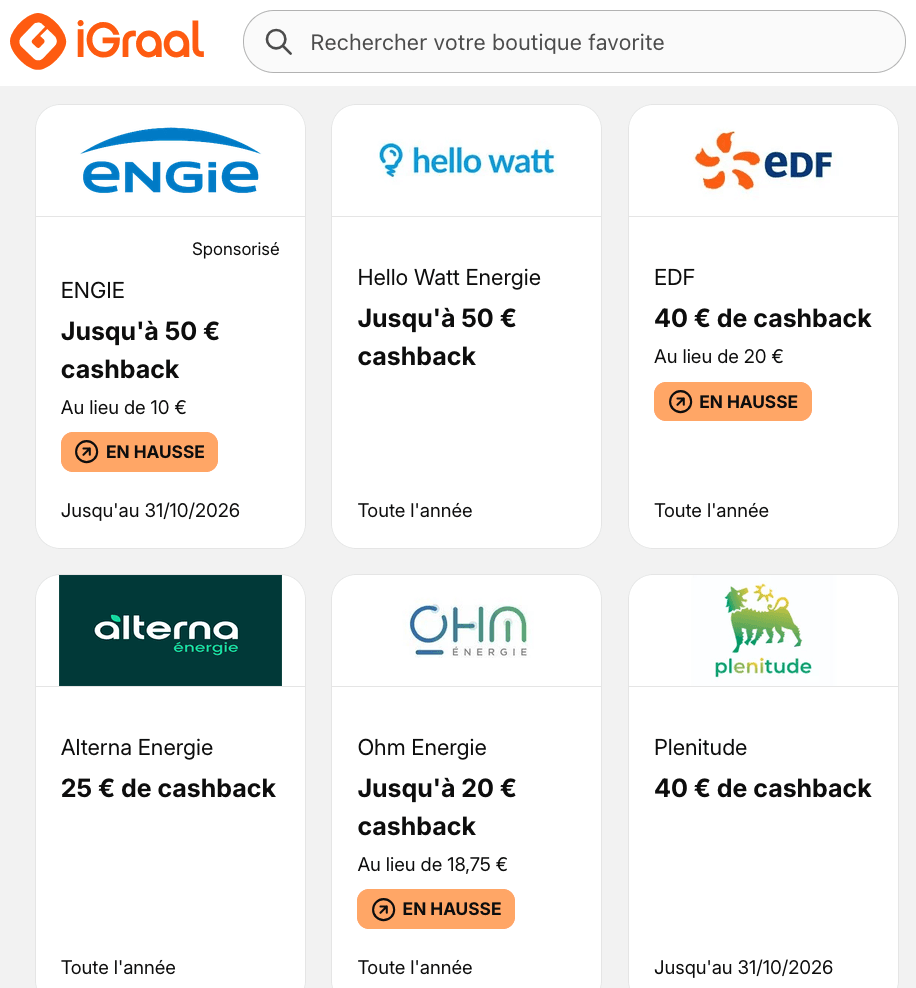 igraal cashback fournisseurs énergie électricité 2026