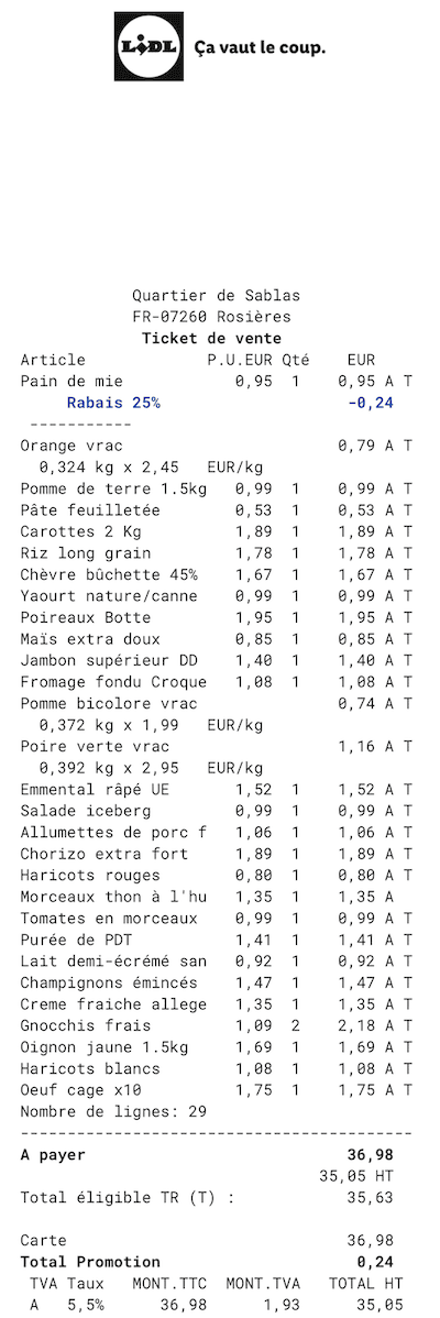 ticket de caisse lidl ingrédients pas chers