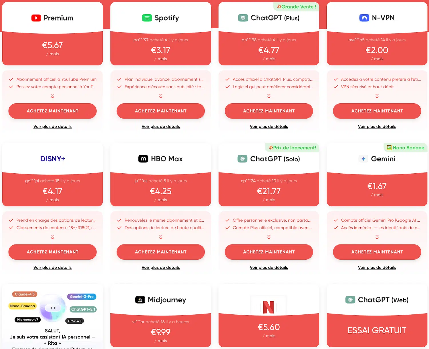 abonnements partagés gamsgo janvier 2026 chat gpt midjourney deepseek spotify disney+ Netflix hbo max paramount tidal youtube premium