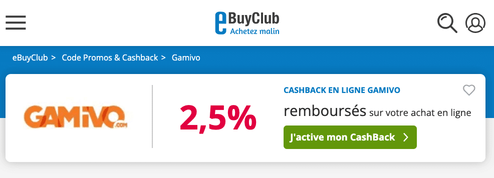 gamivo ebuyclub cashback carte cadeau amazon paypal