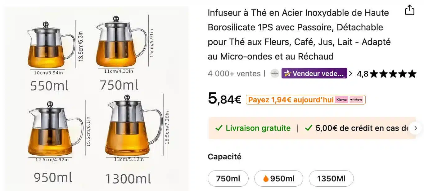 code promo temu février 2026 théière infuseur à thé acier inox inoxydable verre sans plastique
