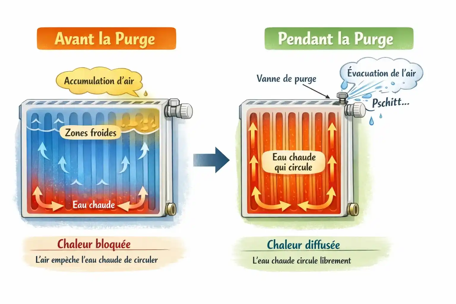 effet avant après purge d'un radiateur