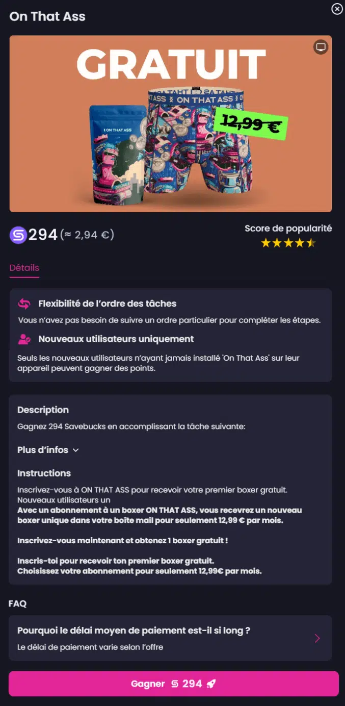 Tâche rapide sur Savebucks