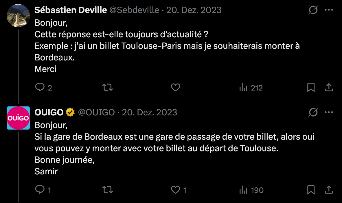 Peut-on monter à une gare différente de celle de départ sncf ouigo tgv réponse twitter