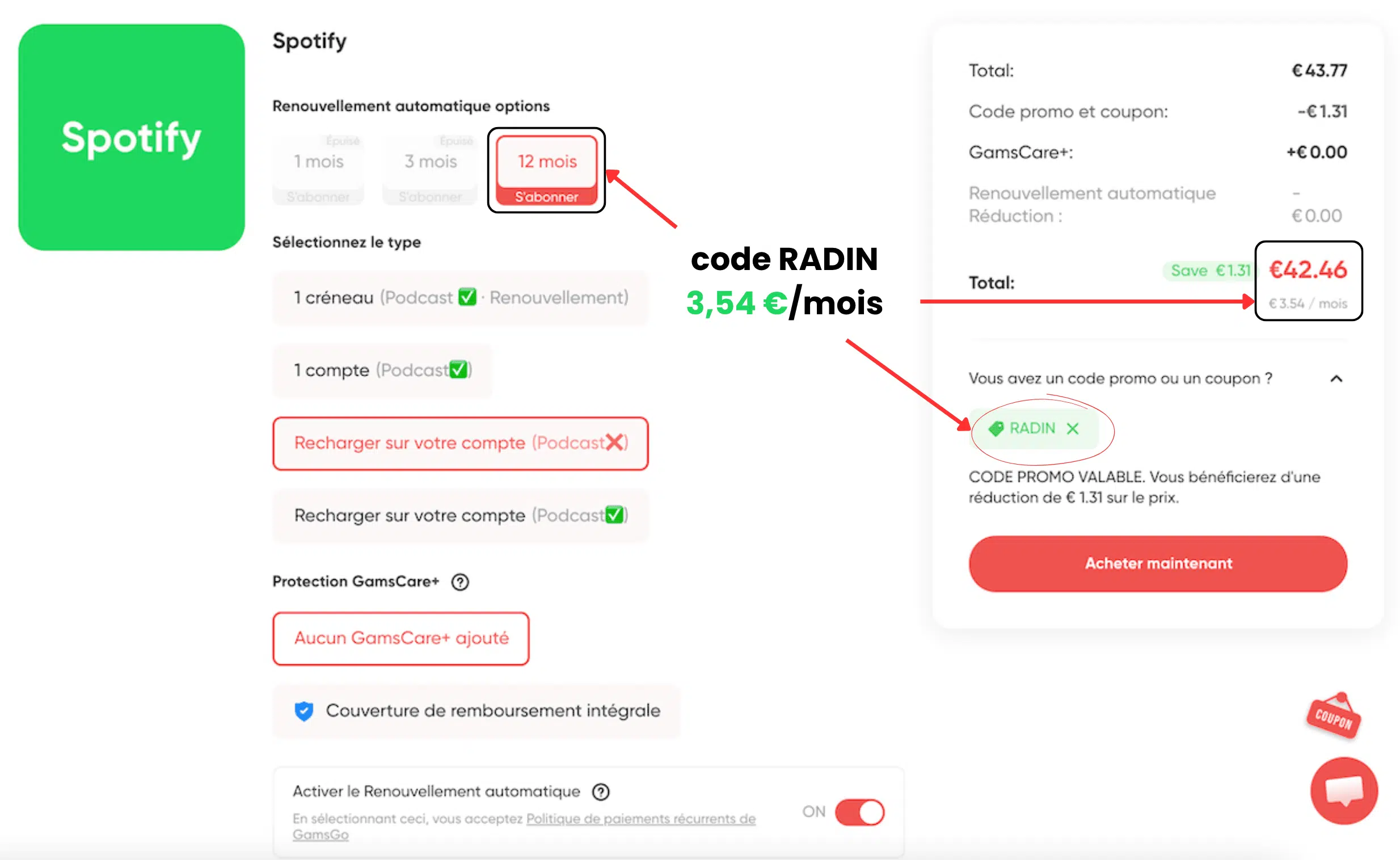 Avec un abonnement 12 mois et en appliquant le code "RADIN", vous obtiendrez le prix le plus bas possible. A savoir : 42,46 € par an pour votre abonnement Spotify. Impossible de trouver moins cher.