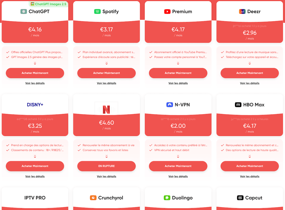 abonnements partagés gamsgo octobre 2026 netflix chatgpt midjourney spotify netflix disney+ hbo paramount tidal crunchyroll youtube premium