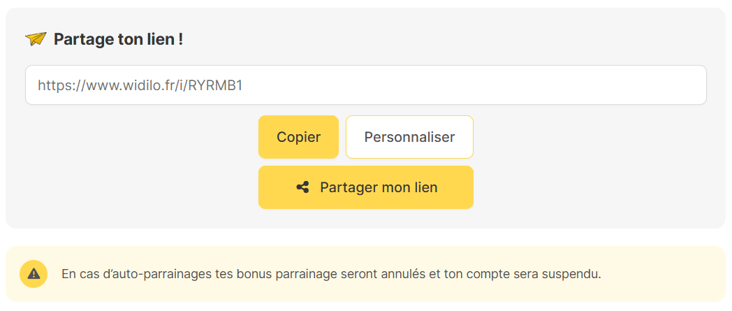 Parrainage Widilo partage lien